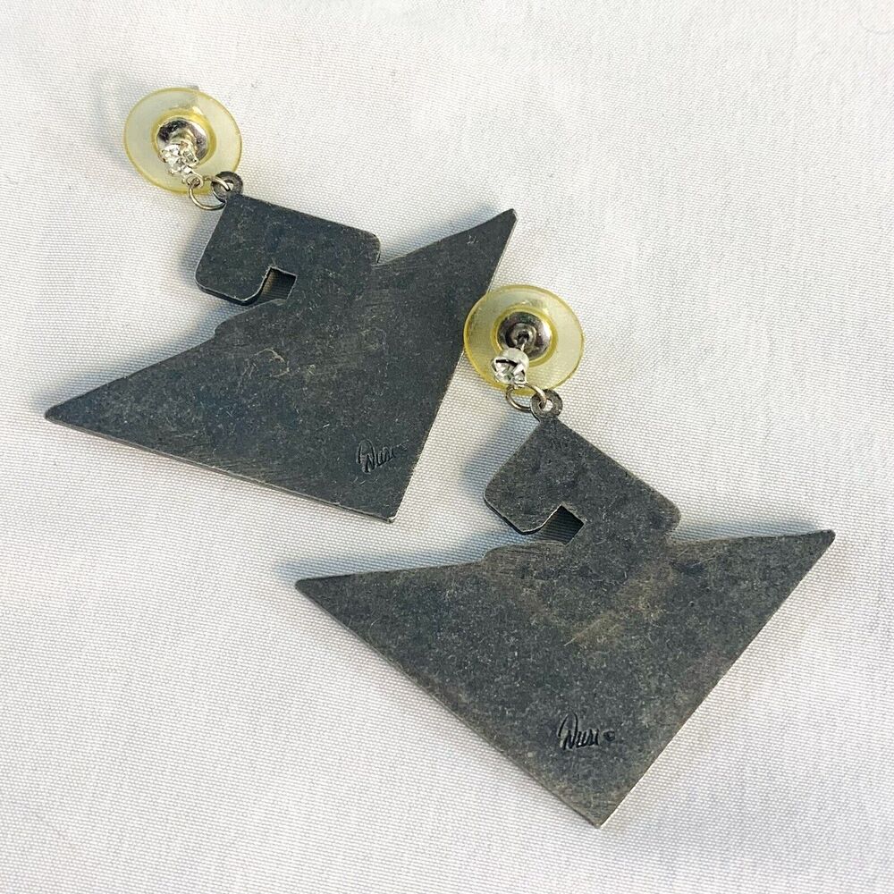 Vintage 80’s Richard NURI Pewter Earrings w/ Abalone Inlay Art Deco Style - Picture 6 of 7